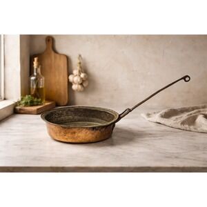 Vintage Copper Skillet with Wrought Iron Handle Rustic Hanging Pan Decor